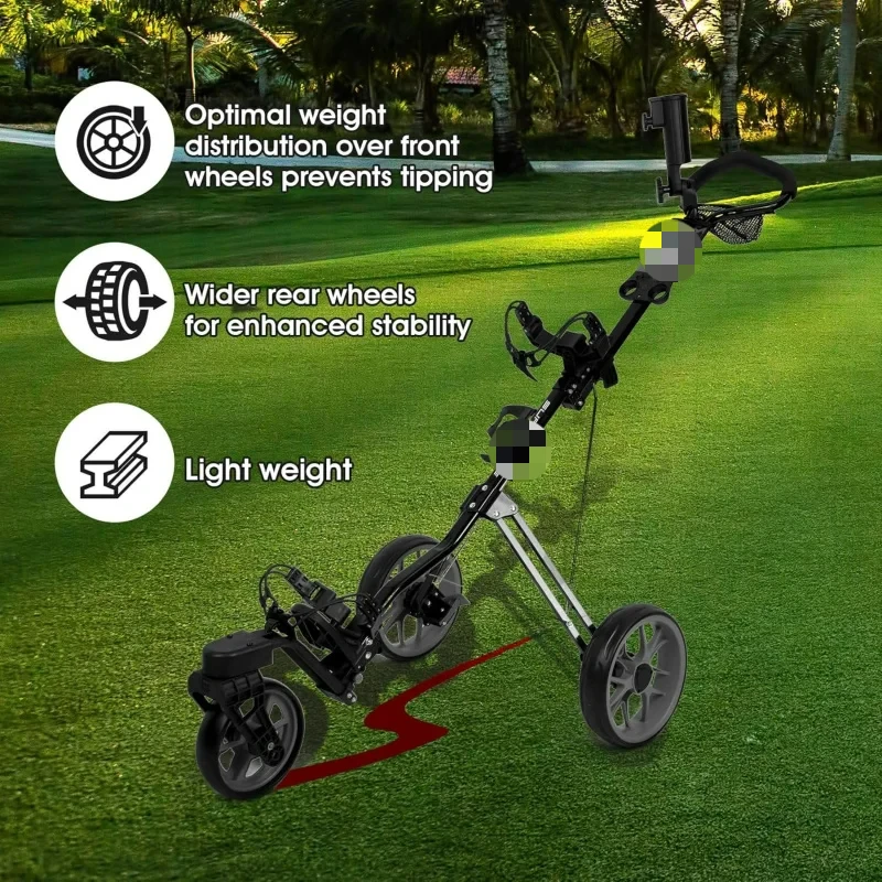 AQDRUDS Golf Bag Cart 3 Wheels,Swivel Front Wheel,No Tipping,Adjustable Height,Foldable,Lightweight Push Trolley with Foot Brook