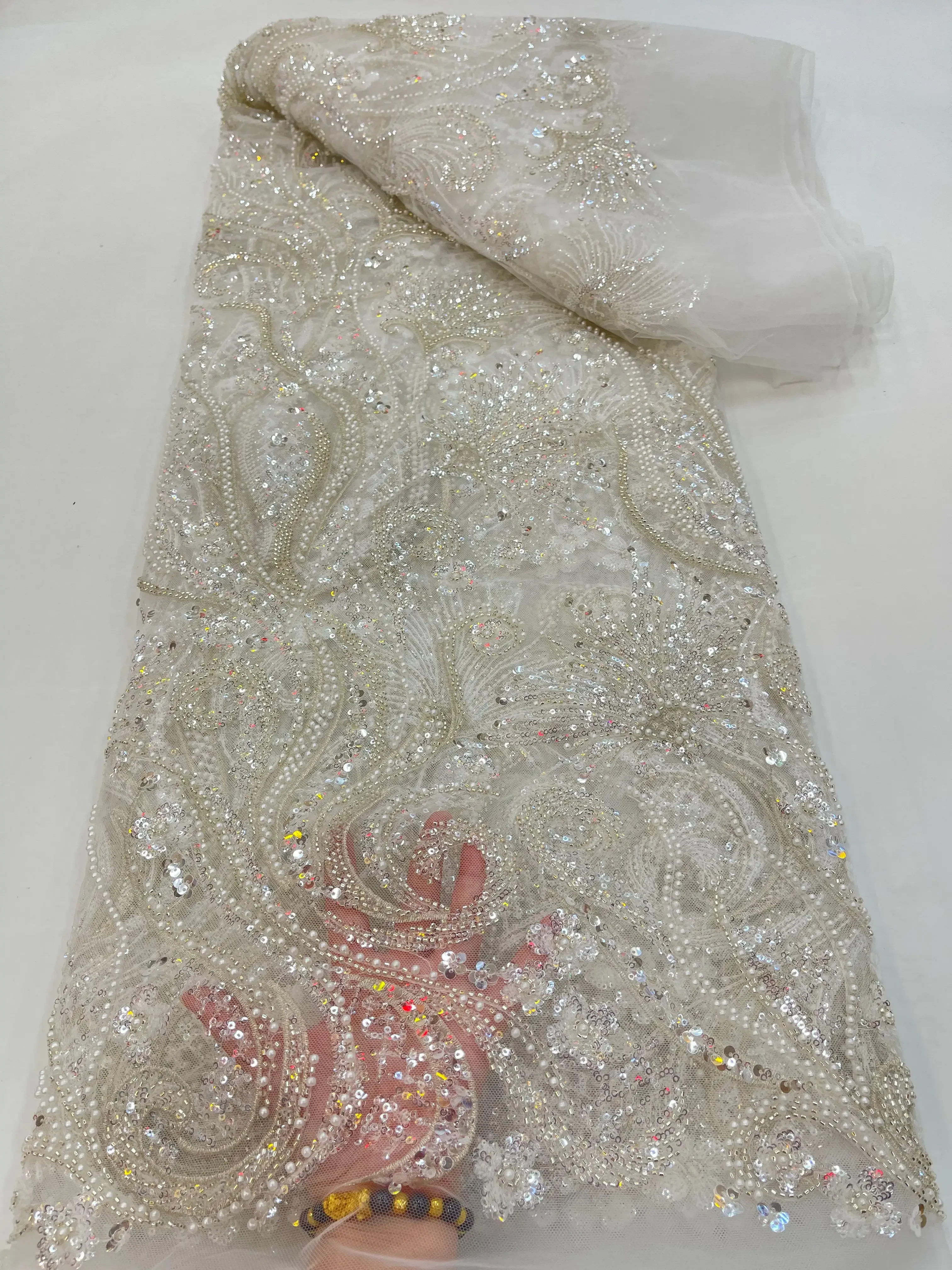 

African Lace Fabric 2025 High Quality Embroidery Groom Sequins Beaded Lace Fabric Nigerian Bridal Tulle Lace for Wedding WH772