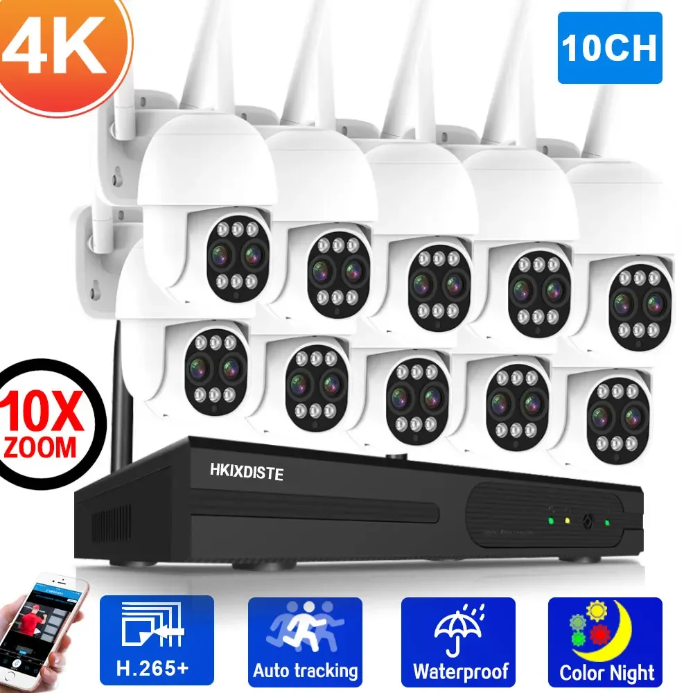 4K 8MP 10CH Wifi PTZ IP Camera System 10X Zoom Dual Lens Wireless Auto Tracking Surveillance Camera Kit 2 Way Audio CCTV NVR Kit