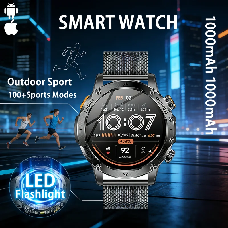 

Новые военные смарт-часы 2026 года с аккумулятором 1000 мАч, отслеживанием фитнеса, водонепроницаемостью 10ATM, тактическим спортивным фонариком и функцией звонков, браслет для мужчин