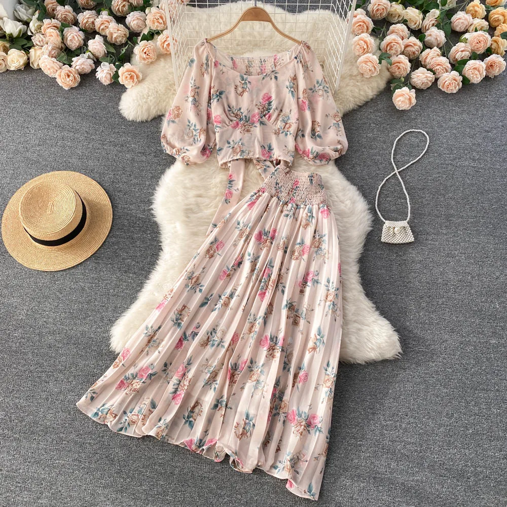 

NEW Women's Skirt Set 2 Pieces Holiday Style Puff Sleeves Short Top High Waist Pleated Skirt Chiffon Print Dress Two Piece Set