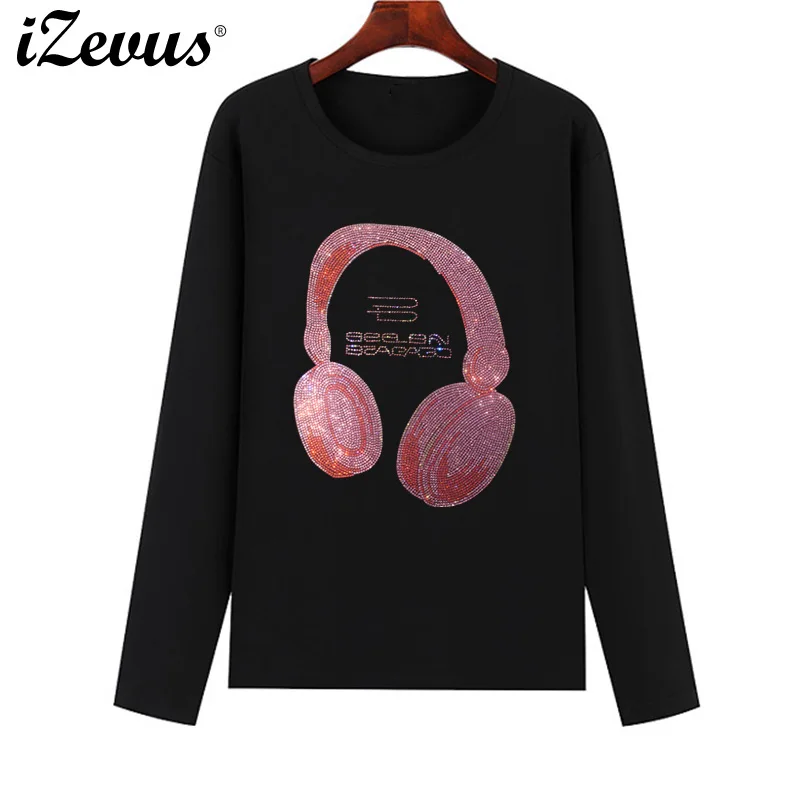 Hot sale high quality women's fall long-sleeved T-shirt hot drilling process creative shiny headset casual T-shirt