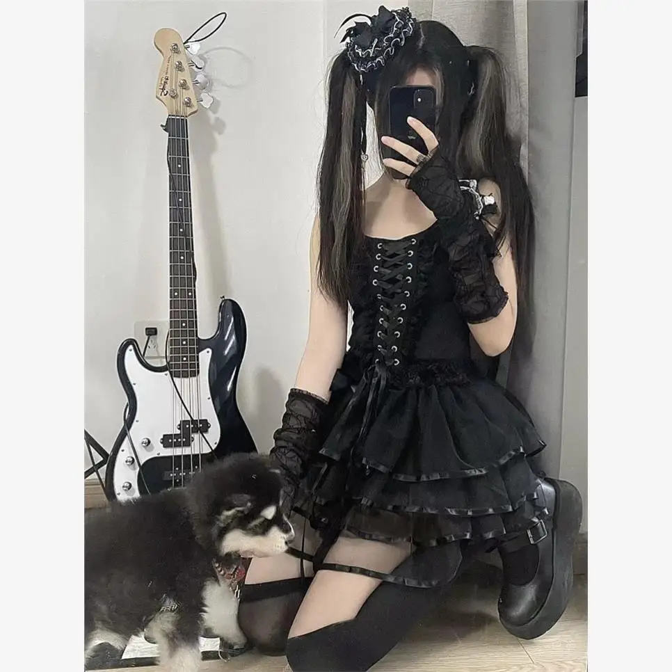 Costume gothique k loween, conception de sangle de sous-culture, taille supérieure cintrée, jupe gâteau de princesse, ensemble de t-shirt Long Sve Dr