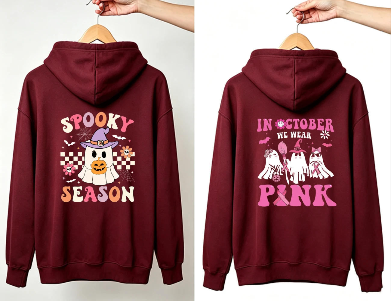 2026 Spooky Season Ghost Hoodie in October We Wear Pink Halloween Graphic Sweatshirt Cute Fall Breast Cancer Awareness Pullover