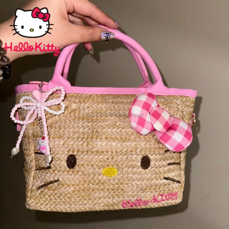

Cute Hello Kitty Straw Woven Bag for Women Beach Vacation Shoulder Bag Summer Handmade Bags Weaving Ladies Commuting Tote Bag