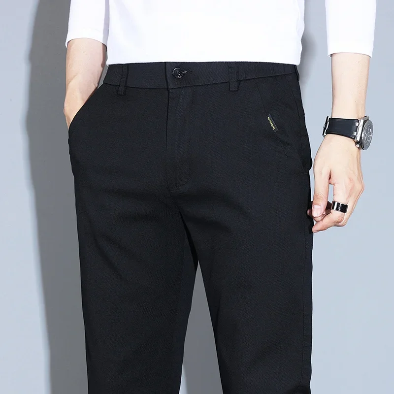 

2024 Korean Men Stretch Slim Fit Elastic Waist Business Pants Brand Male Black Gray Khaki Elegant Long Formal Classic Trousers