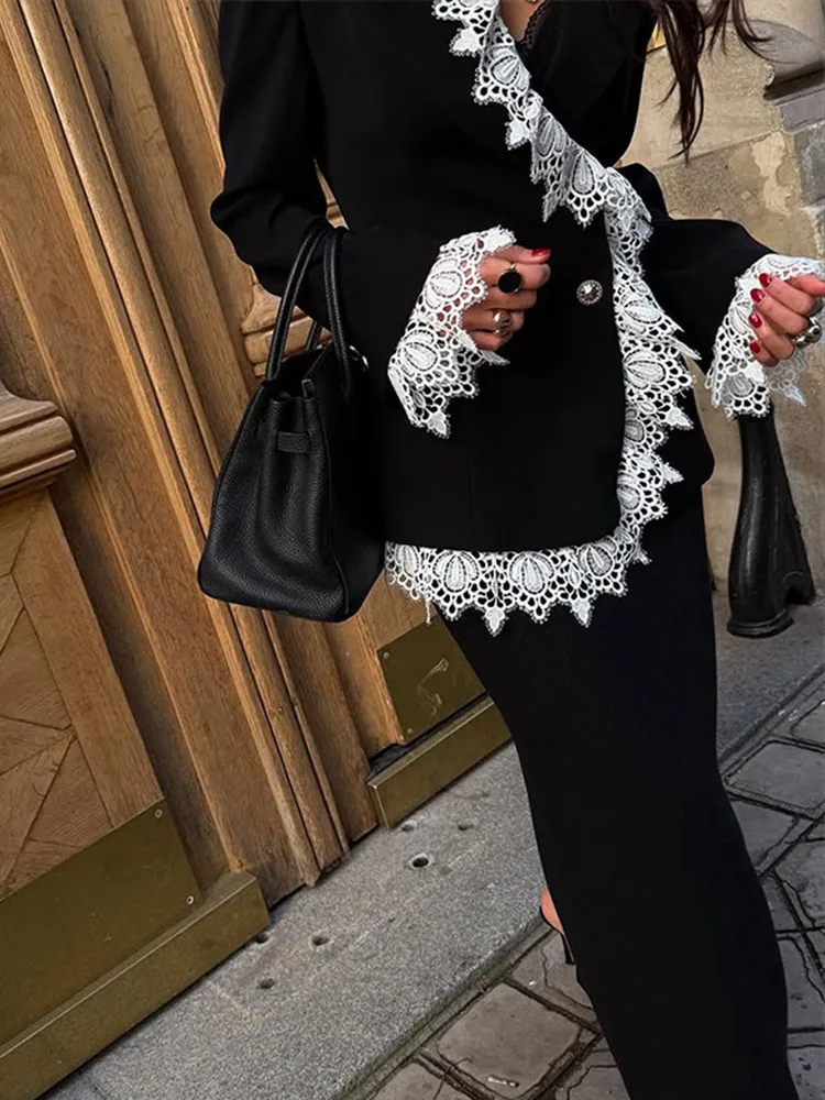 

Waist Cinched lace patchwork Suit Jacket Coat BlazerShoulder Pad Commuter Mid Length Overcoat Formal Attire Women's Clothing