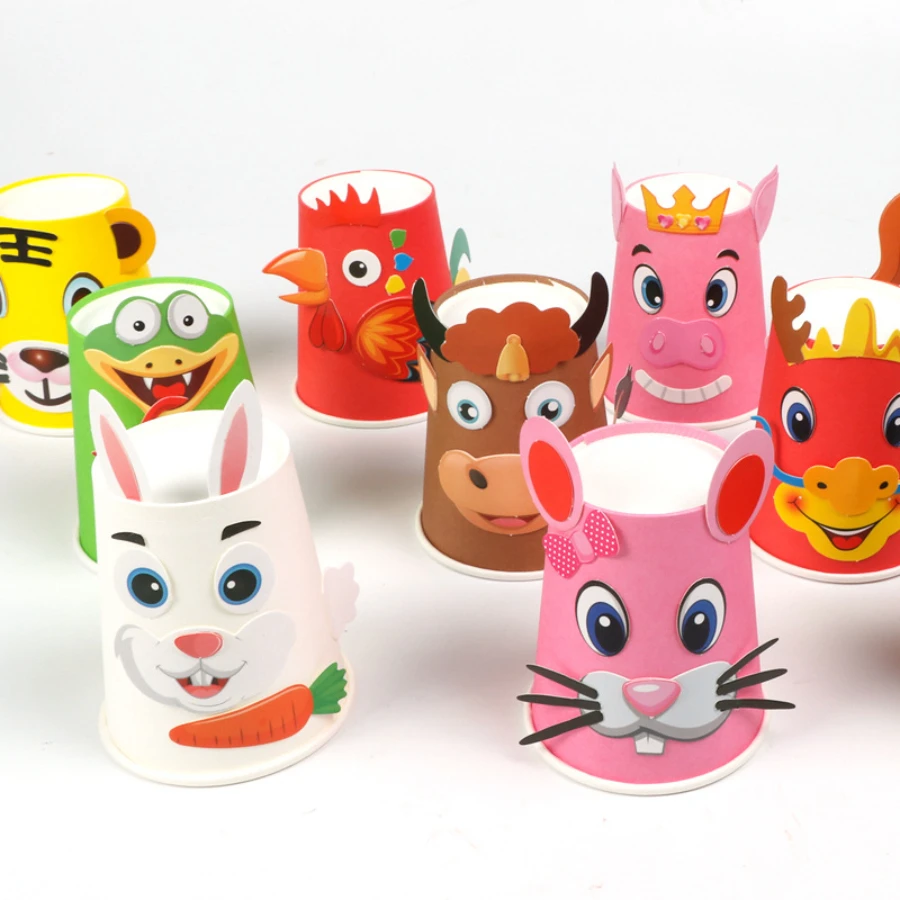 DIY Handmade Paper Cups  12pcs Sticker Material Kit Whole Set Kids 12 Animal Patterns Kindergarten Educational Toys