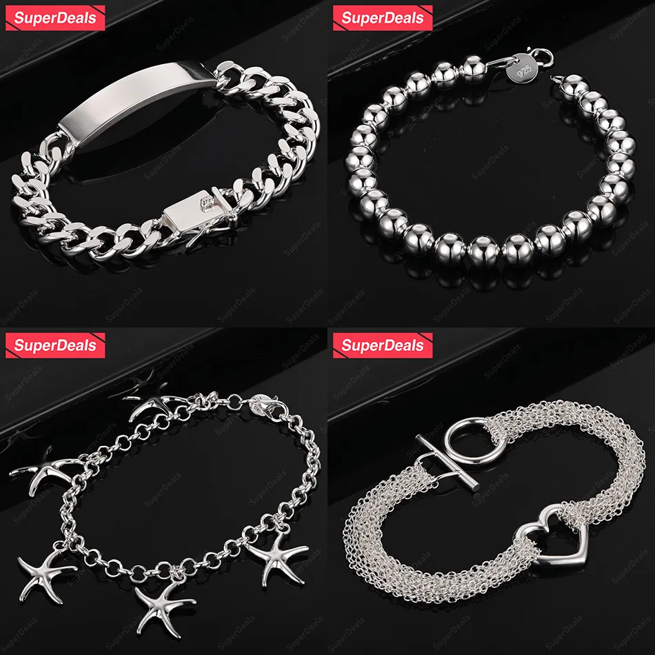 

SuperDeals 925 Sterling Silver Starfish Heart Bead chain Cuban chain Bracelet Women Fashion Jewelry Wedding Party Nice Gift