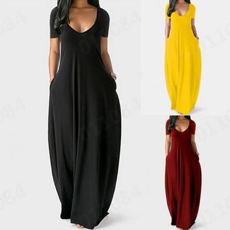 Dress Women's Summer Plus Size Solid Colour Seductive V-Neck Short Sleeves Pockets New Comfortable Versatile Luxurious Elegant
