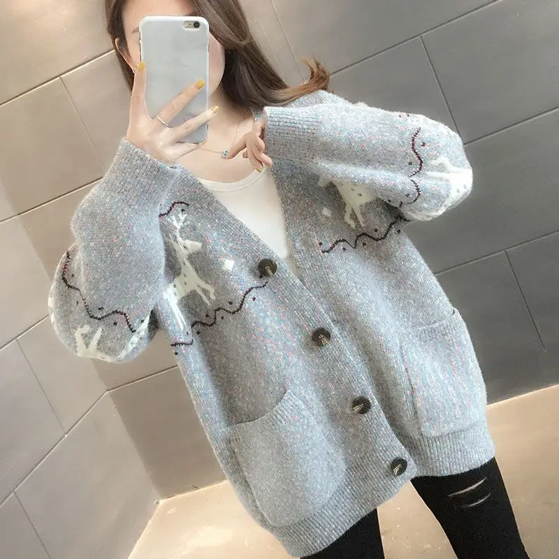 سترة سميكة على شكل حرف v لملابس خارجية ، معطف ضيق متماسكة ، طبعة كورية ، تركيب فضفاض ، موضة غير رسمية ، جديدة ، 2023 ، الخريف والشتاء #2