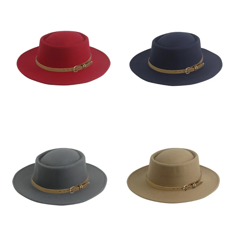 Homburg Top Hat with Exotic Belt Victorian Age Woolen Top Hat Classical Porkpie Hat for Boy Men Adults Woolen