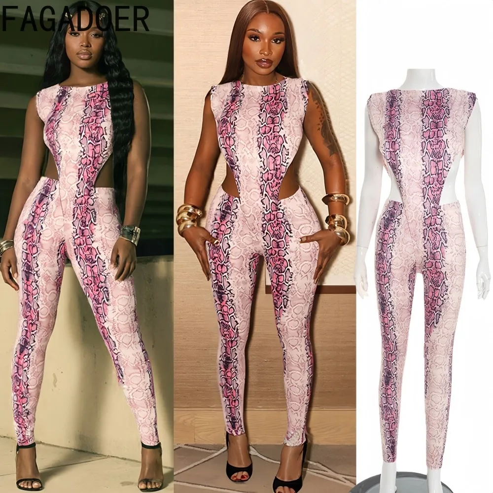 

FAGADOER Sexy Serpentine Print 2 Pieces Set for Woman Outfits Hollow Out Sleeveless Bodycon Bodysuits + Pants Female Streetwear