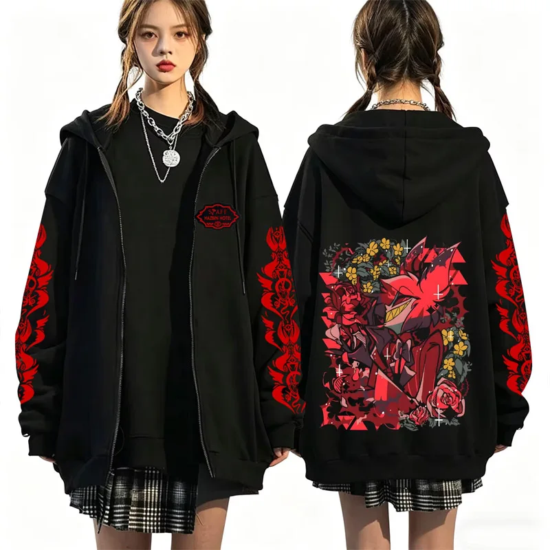Hazbin Hotel Retro Print Zip Up Hoodie Herbst Winter Streetwear Casual Fashion Harajuku Mantel Fleece Langarm Reißverschluss Sweatshirts – Detail 5