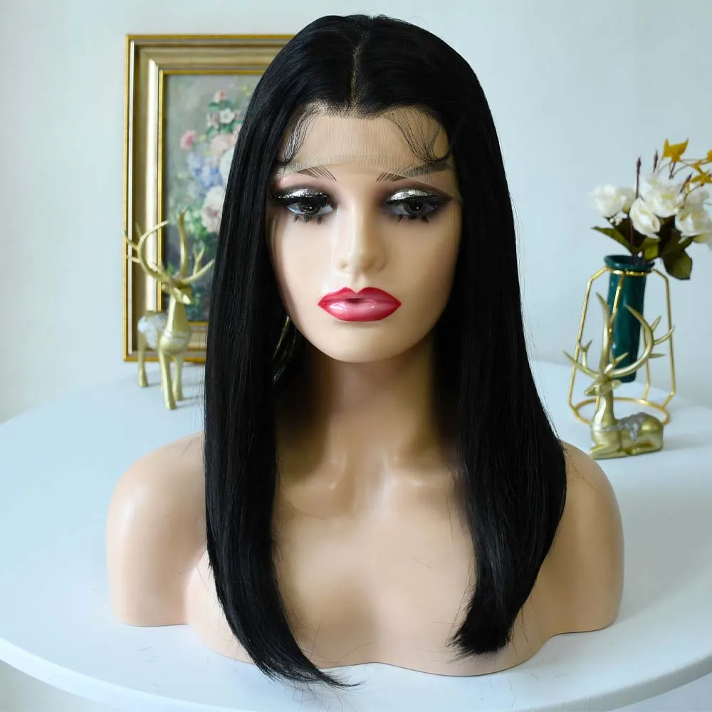 14-дюймовый короткий прямой парик Боб 13x4, прозрачный кружевной фронтальный парик, бразильские предварительно выщипанные парики спереди, синтетический бесклеевой парик