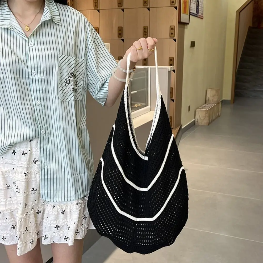 

Solid Color Knitting Shoulder Bag Contrast Color Korean Style Crochet Tote Bag Hollow Out Large Capacity Casual Woven Handbag