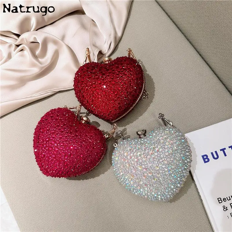 Pochette di cristallo a forma di cuore con intarsio di diamanti di lusso, pietre, borse da sera, borsa a tracolla per festa di nozze, pochette con