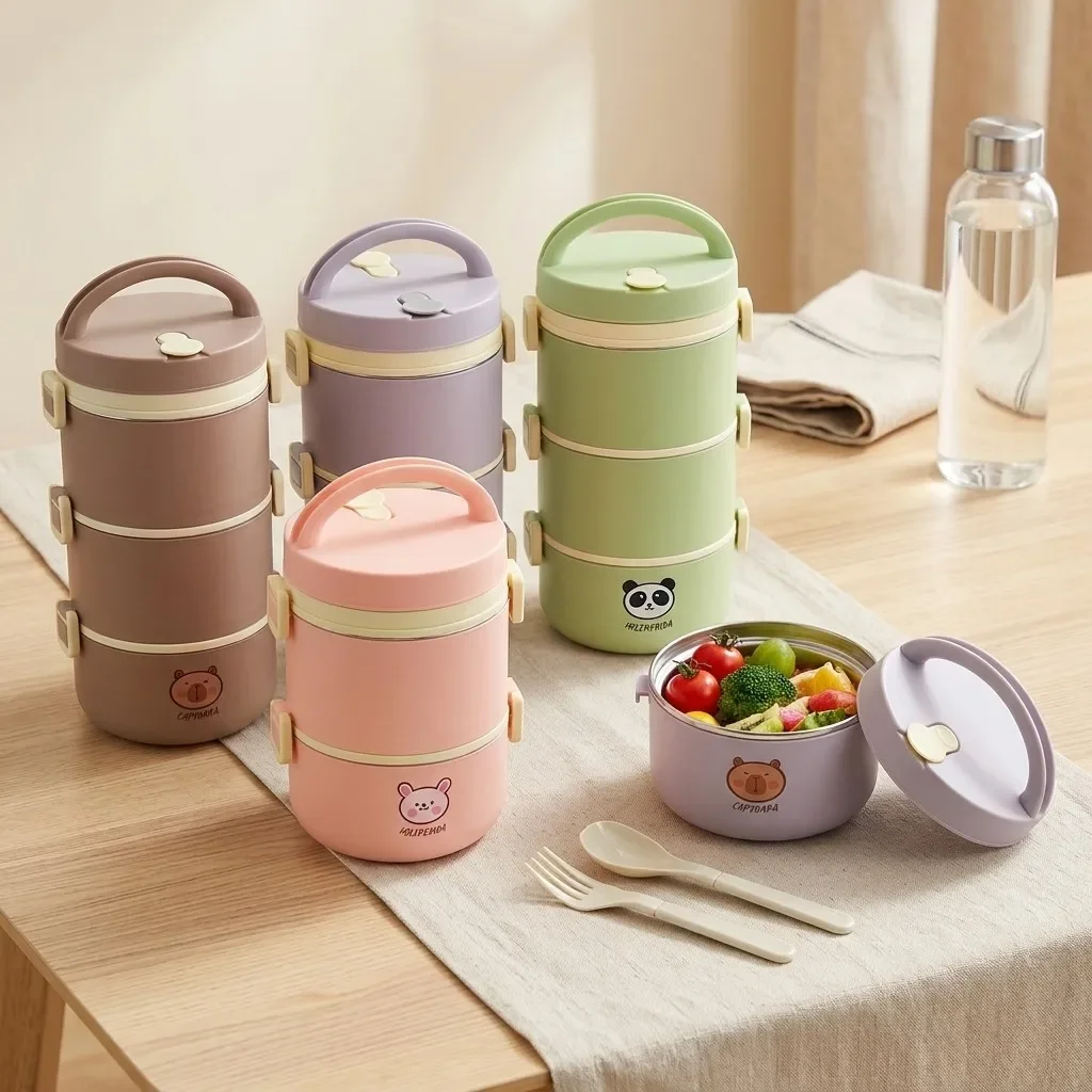 Kawaii 304 Stainless Steel Lunch Box Leakproof Thermal Bento Box Microwavable Food Container with Handle for Kids School Adults