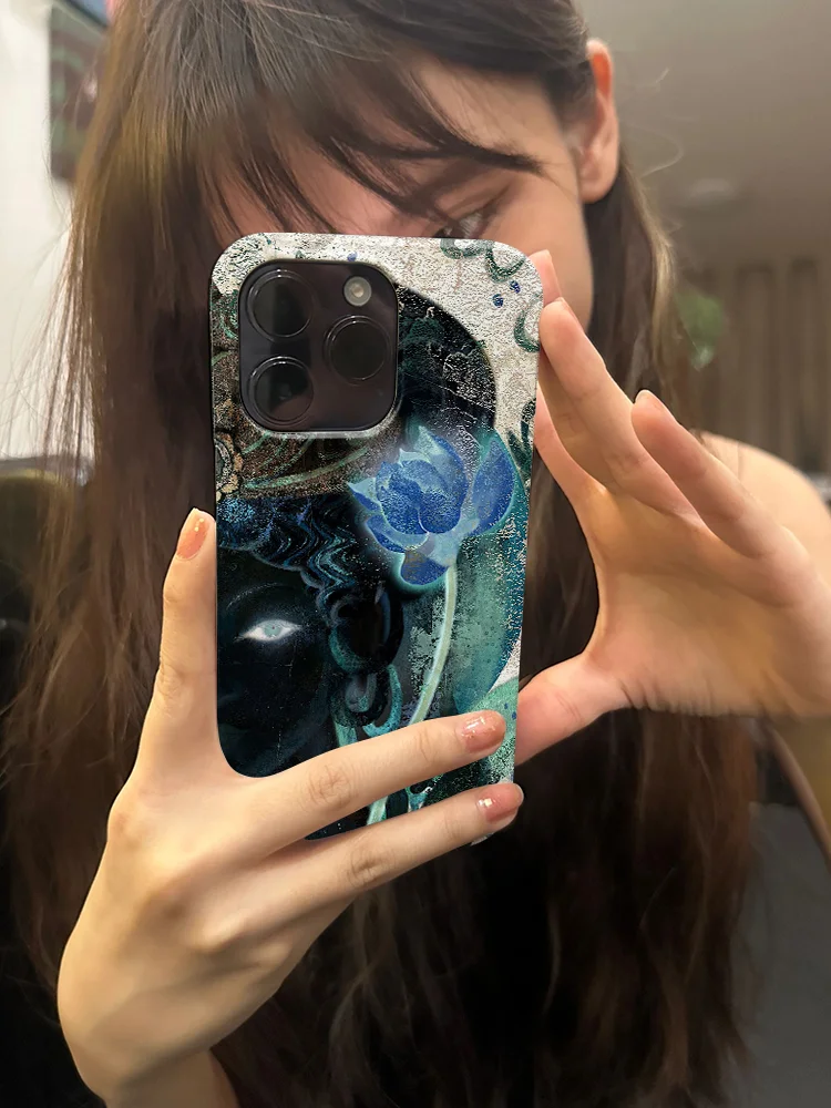 Artistic INS Style Budda Head & Lotus Flower Sacred Luck Phone Case for iPhone 16 15 14 11 12 13 Pro Max Plus X Xs XR 7 8 Cover