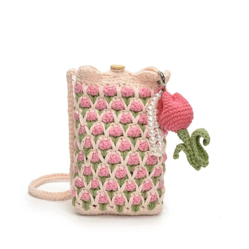Handmade Backpacks Crochet Tulip Crossbody Bag Pink Knitted Phone Bag Mini Shoulder Purse For Women Birthday Tote Bag Gift New view 5