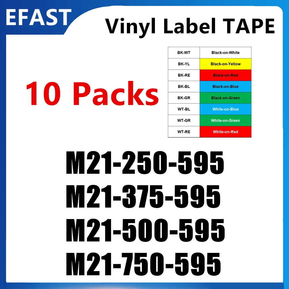 10PK New Vinyl Labeler TAPE M21-750-595 M21-375-595 M21-500-595 M21-250-595 Black On White/Red/Blue/Green/Yellow For BMP21-PLUS