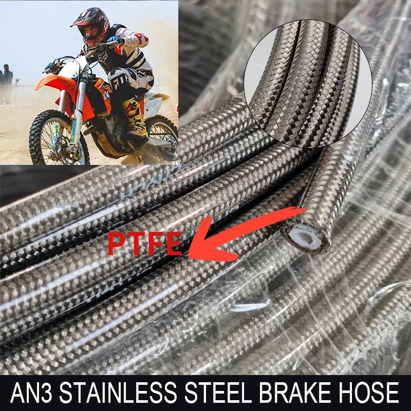 AN3 Motorcycle PTFE Brake Hose Oil Pipe Stainless Steel Braided Brake Line Universal Racing Flexible Hydraulic Pipe ID:3.2mm