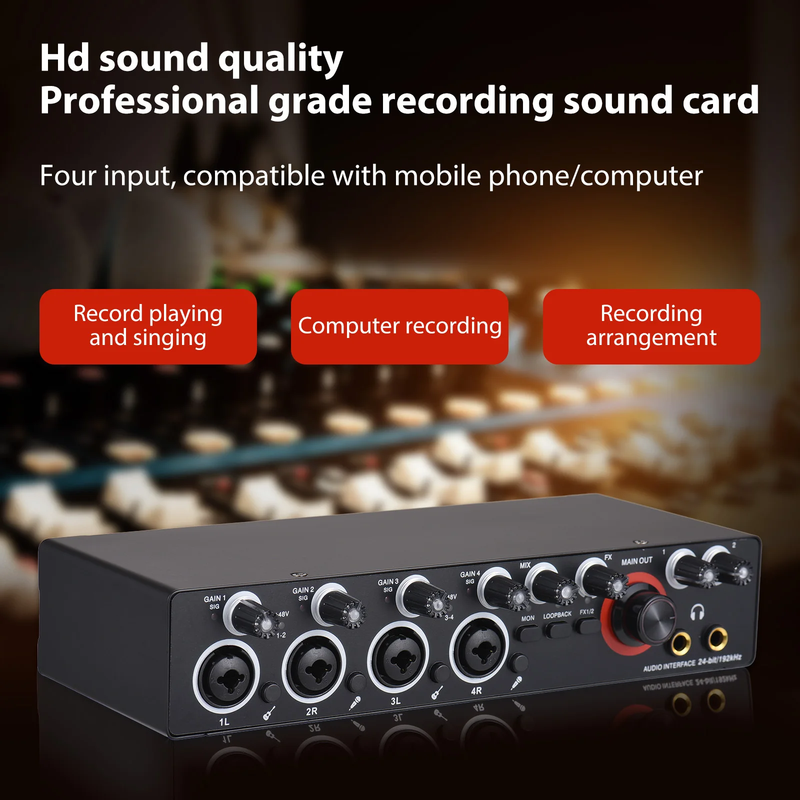 4 Channels Recording Sound Card with Driver Free Audio Interface 4-in 4-out USB Live Sound Card 24 bit/192khz 48V Phantom Power