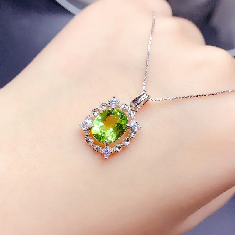 Luxury 925 Silver Peridot Silver Pendnat for Party 8x10mm 100% Natural Peridot Sterling Silver Fine Jewelry