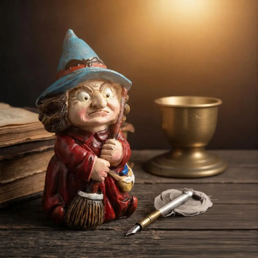 Faceless Gnome Halloween Halloween Witch Ornament Witch on Broomstick Resin Figurine Halloween Gnome Statue with Hat for Shelf
