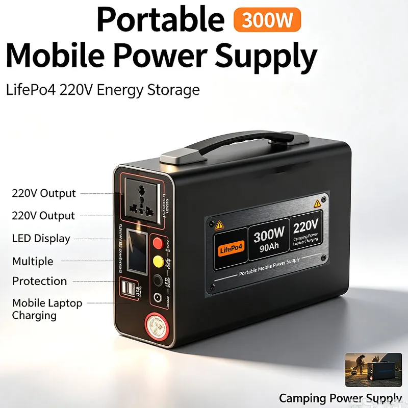 LifePo4 Battery 220V 300W 90AH Portable Mobile Power Supply Camping Energy Storage Power Supply Mobile Laptop Charging