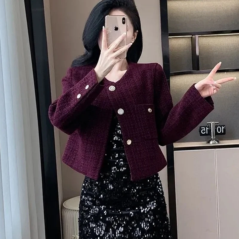 New Autumn Winter Women Tweed Coat Korean Fashion Single Breasted Cropped Jacket Woman Elegant Loose Short Outerwear Clothes