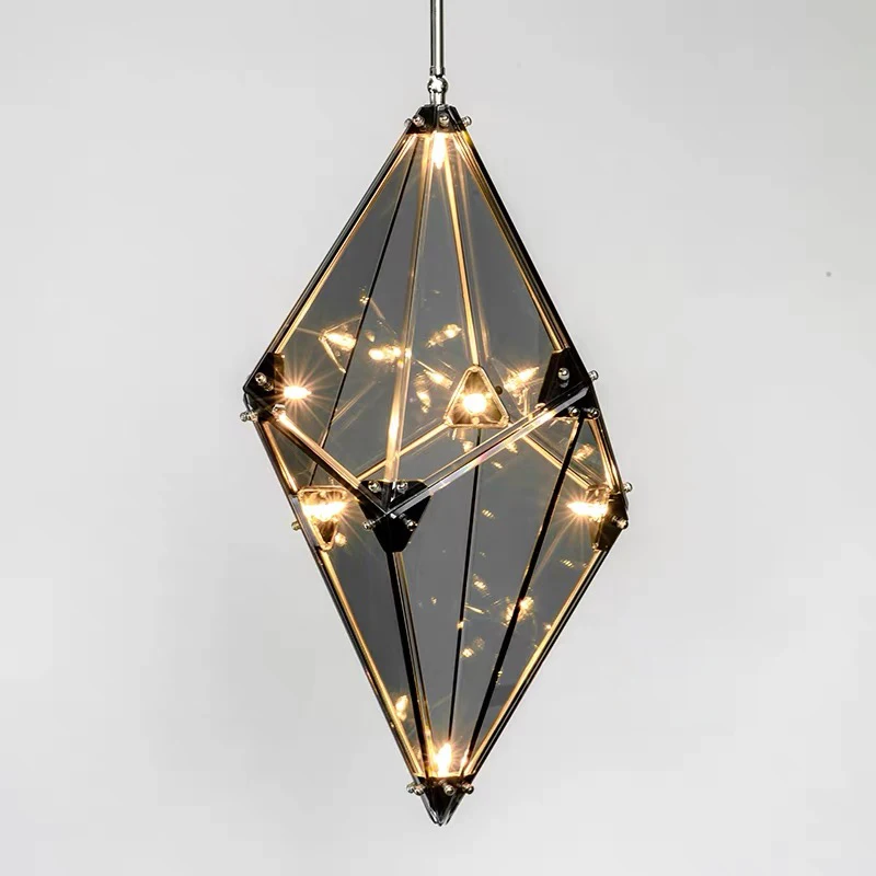Modern Smoke Gray Transparent Diamond-shaped Glass Chandelier, Designer Kitchen Island Home Decor Indoor Light Fixture
