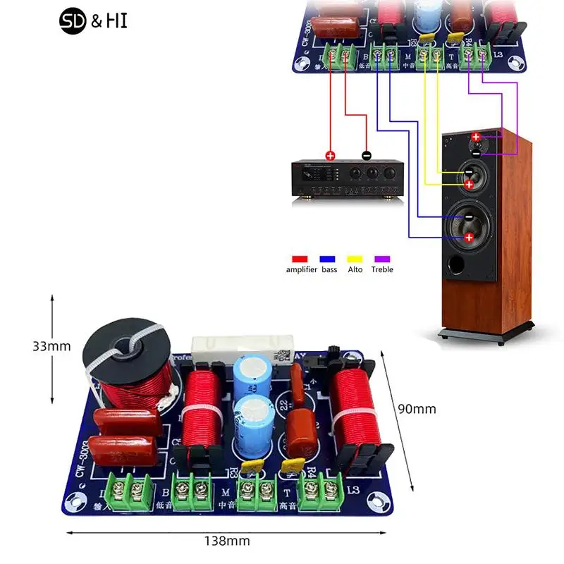 Circuit Treble Medium Bass Hifi Stereo Audio Crossover Filters 3-Way 250W 850Hz/5200Hz Frequency Divider DIY Speaker Filter