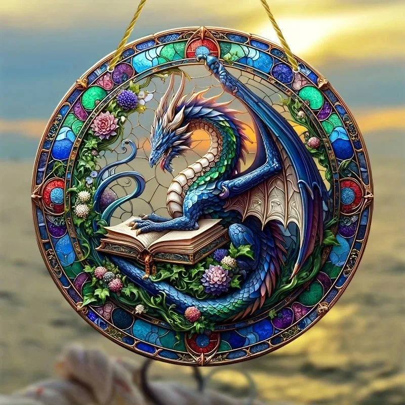 1PC Dragon Suncatcher Wall Sign Round Dyed Acrylic Wall Art Hanging Plaque Pendant for Festival Window Yard Gardene Room Decor