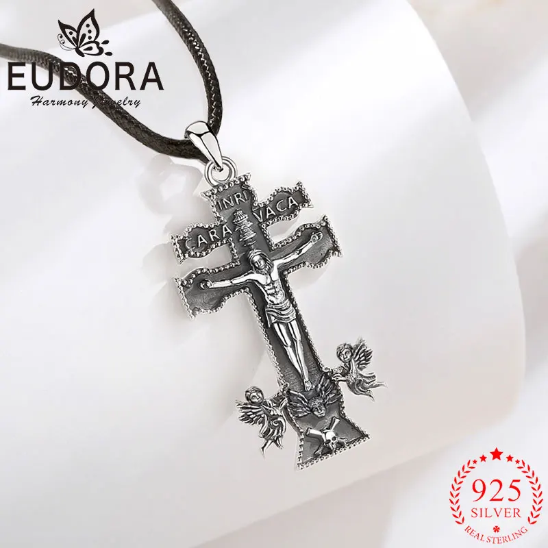 

Eudora Caravaca Cross Necklace 925 Sterling Silver Jesus Angel Pendant Christian Amulet Religious Jewelry Gift for Man Woman