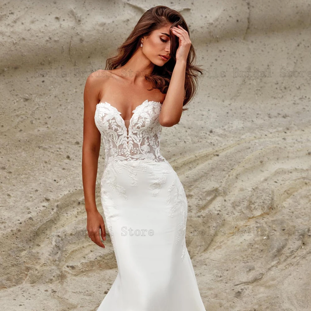 Customized Sweetheart Neck Wedding Dresses Off Shoulder Bridal Gowns Appliques Back Button Sweep Train Mermaid Robe De Mariee