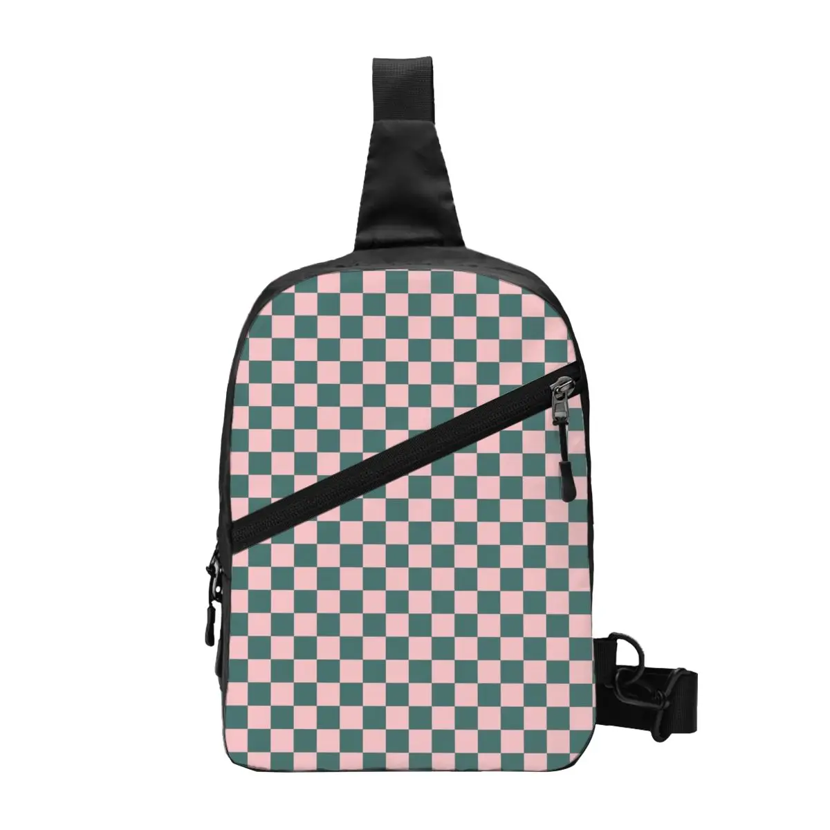 Custom Checkerboard Pattern Teal And Pink Sling Bags Travel Hiking Men Geometric Plaid Chest Crossbody Backpack Shoulder Daypack