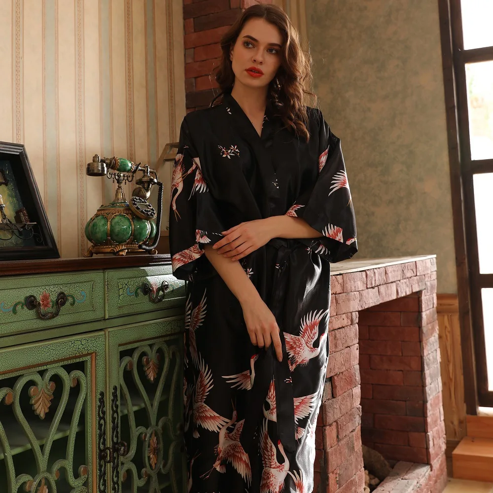 Long Kimono Bathrobe Gown Print Crane Sleepwear V-Neck Nightgown Satin Robes for Women  Intimate Lingerie Loose Loungewear