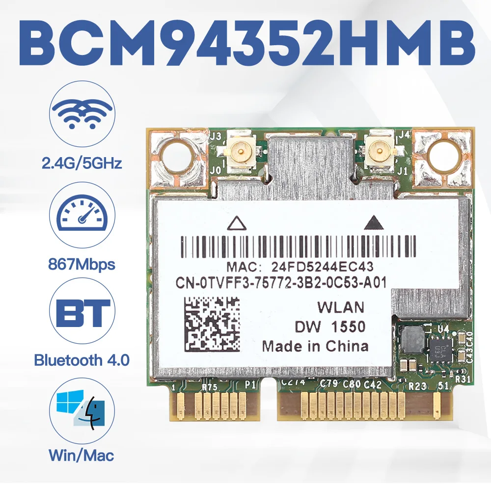 

WiFi card Azurewave AW-CE123H Broadcom BCM94352HMB 802.11ac 2.4G/5Ghz Mini PCI-E 867Mbps MAC BCM94352 94352HMB