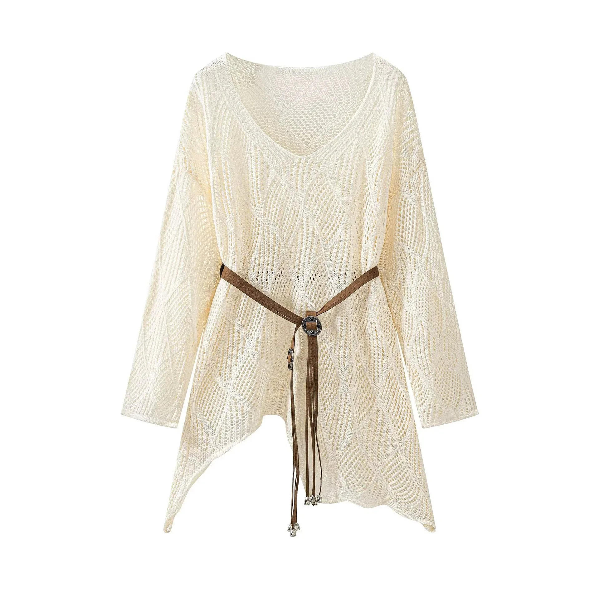 

Withered Women's 2026 Summer Long Sleeved Shirt With Belt Irregular Hem Hollowed Out Knit Top Women's Sweater Knitwear Woman