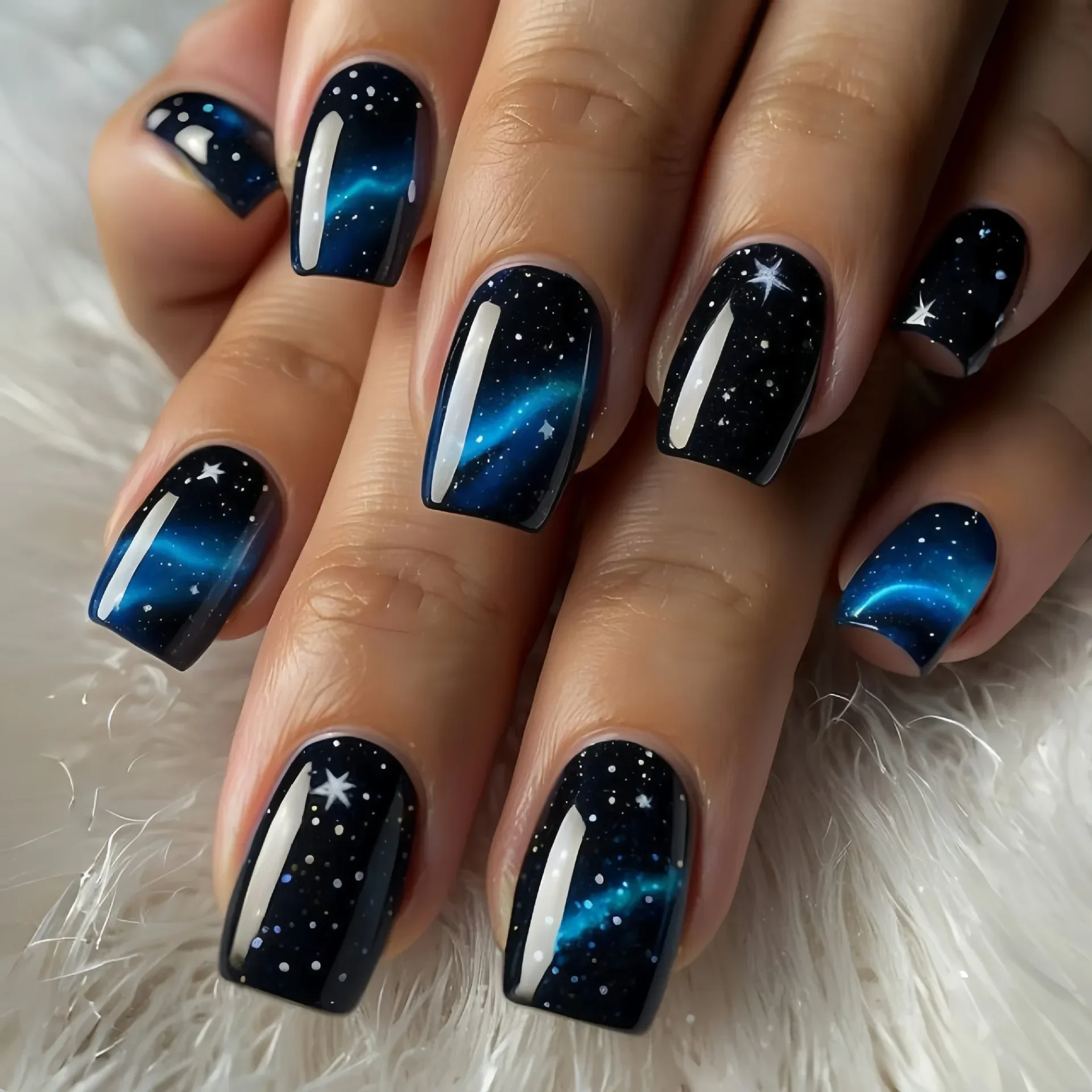 24 pçs/caixa azul unhas falsas imprensa em unhas capa completa dos desenhos animados gato preto glitter céu lua estrelas design francês wearable manicure