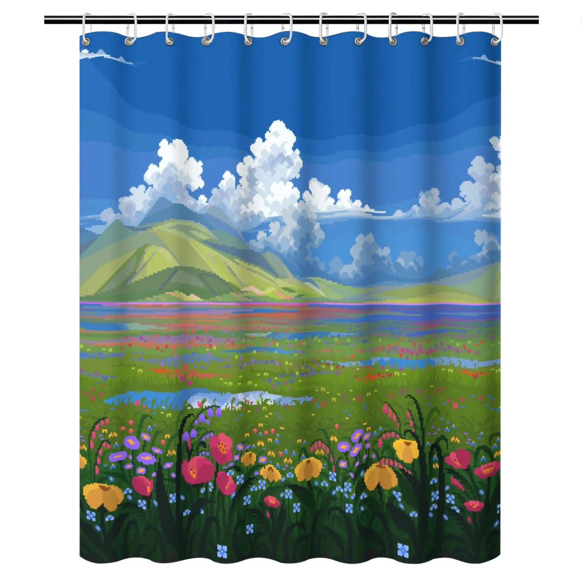 Pixel Art Landscape Shower Curtain Blue Sky Green Hills Wildflowers Retro Gaming Aesthetic Original Design