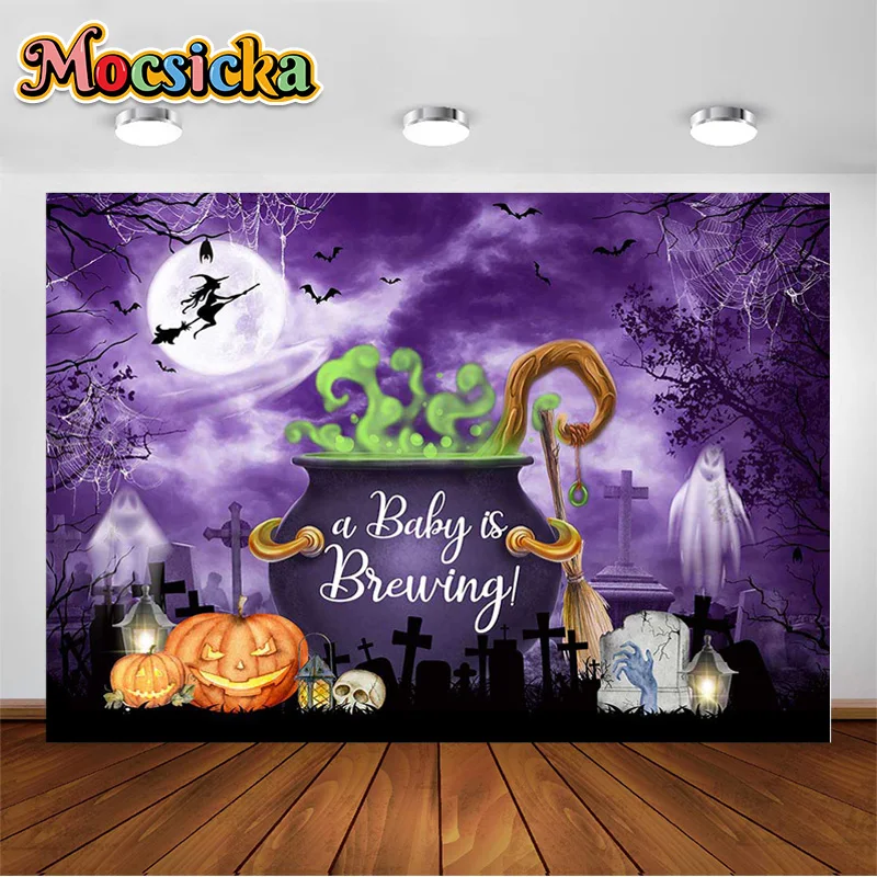 

Mocsicka Photography Backdrops Halloween Witch Pumpkin and Cauldron Autumn Bats Animal Boiler Backgrounds Photo Booth Props