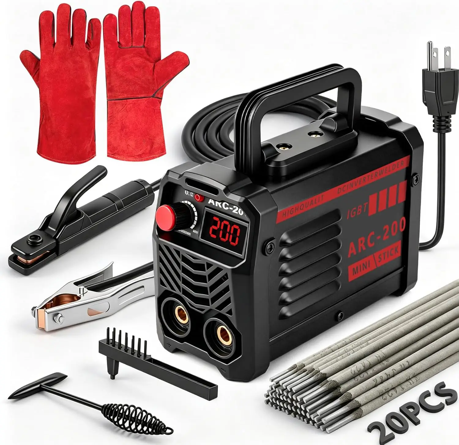 200Amp Mini Stick Welder 110V, IGBT Inverter, Hot Start Arc Force Anti-Stick, 20 Rods & 2 Chip Hammers