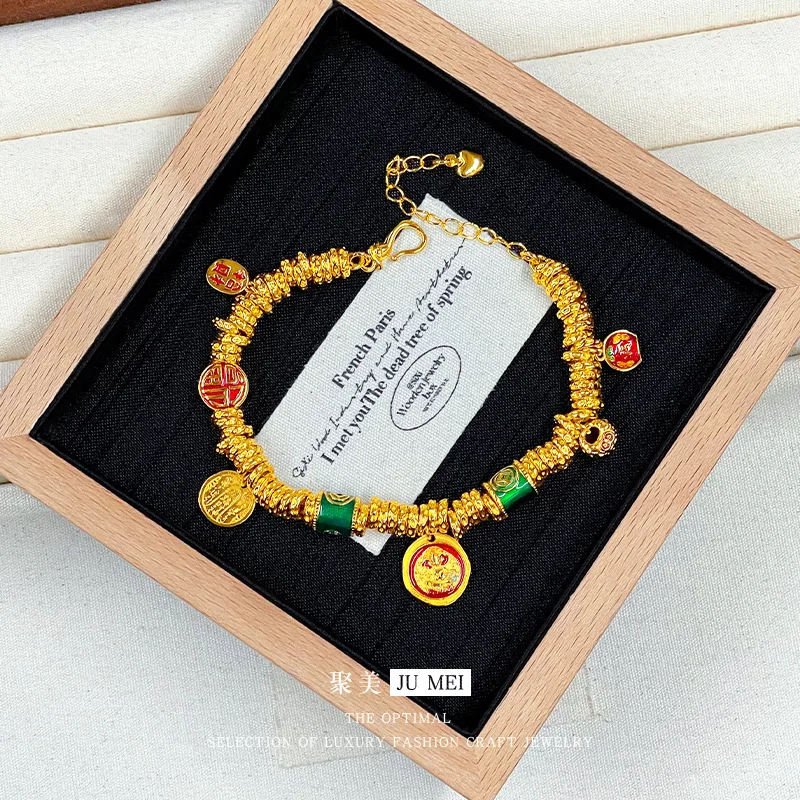 

Золотой браслет для женщин из настоящего золота 9999 пробы (24K) в стиле Gold Shop, с изображением Пятистороннего Бога Богатства и Пухленькой Фуцзинь, подарок на день рождения, роскошный аксессуар.