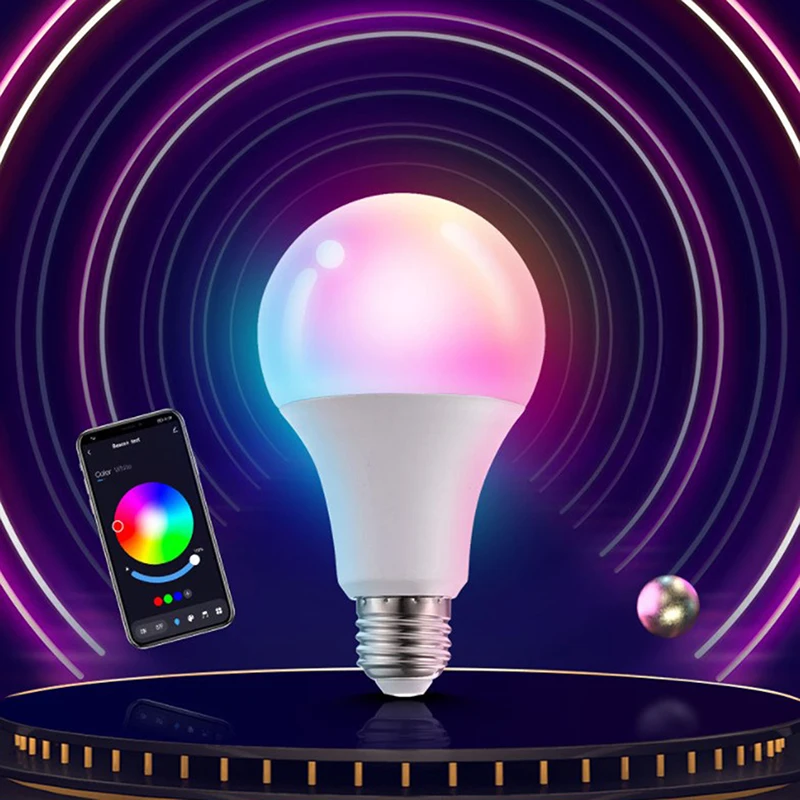 หลอดไฟอัจฉริยะควบคุมด้วยบลูทูธ15W หลอดไฟ LED E27 RGB หรี่แสงได้การตกแต่งบ้าน