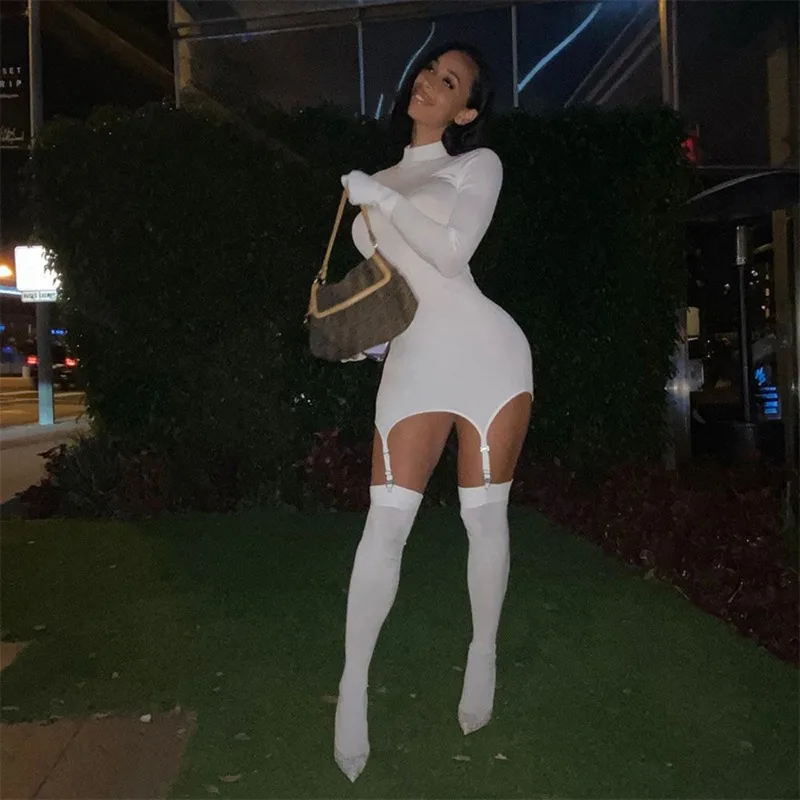 Figurbetontes Minikleid mit Strümpfen für Damen, solide Mode, sexy Rollkragen-Handschuhe, langärmelig, schlank, Hipster, Basic-Kleider, Clubwear