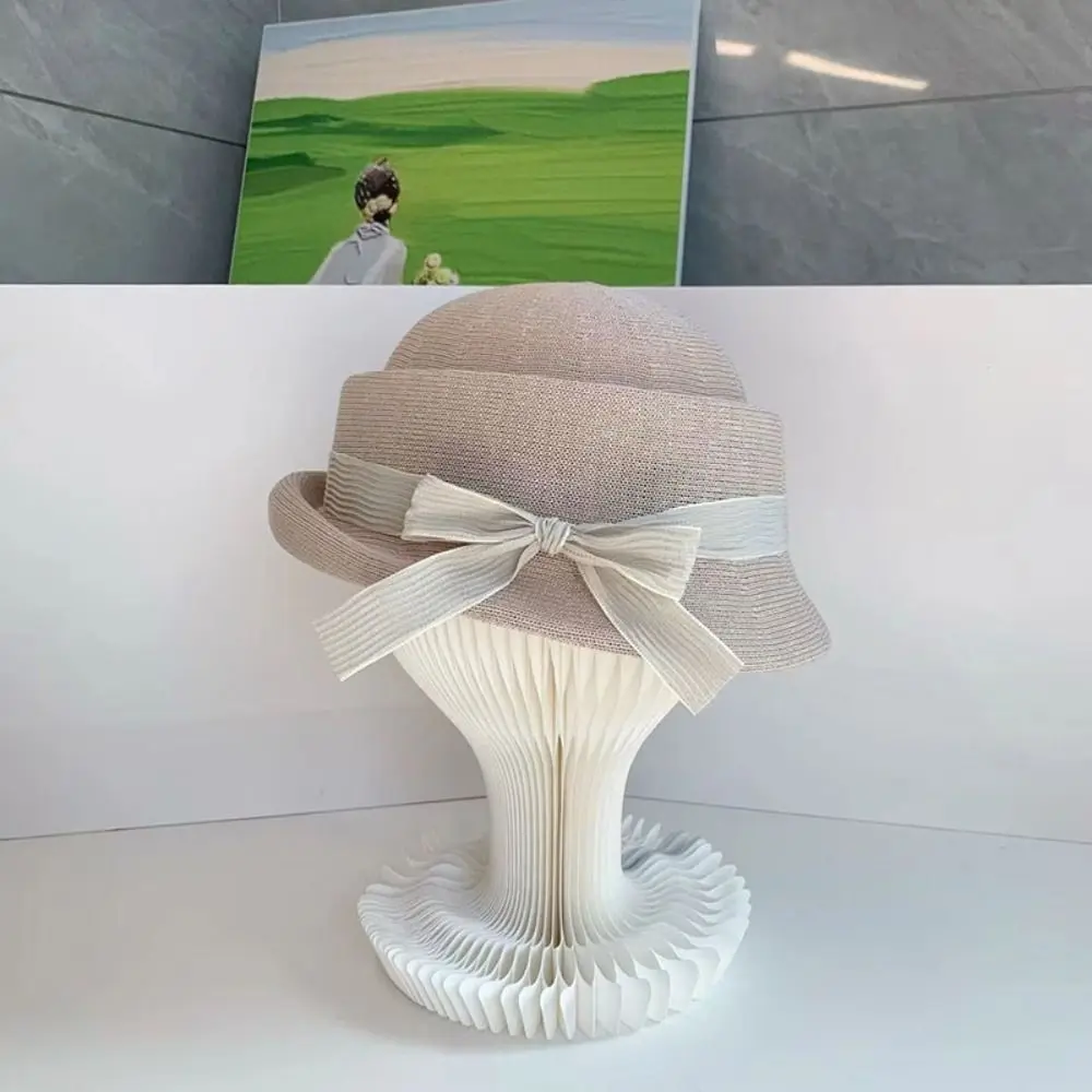 

Elegant Bowknot Bow Topper Hat Weave Thin Hepburn Style Formal Hat Elegant Pure Color Women Bucket Hat Outdoor