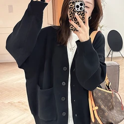 Saili Premium Black Knitted Sweater Cardigan Jacket for Women New Loose Long Sleeved Top