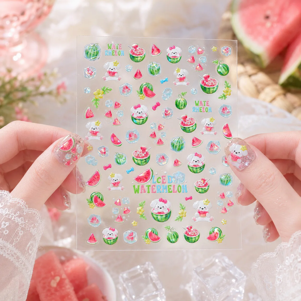 Wassermelonen-Welpen Sommer-Kaltgetränk Rote Fruchtfleisch-Dreieckscheibe Eiswürfel Blumenranken 5D Nagelsticker Frische Frucht-Aufkleber Maniküre